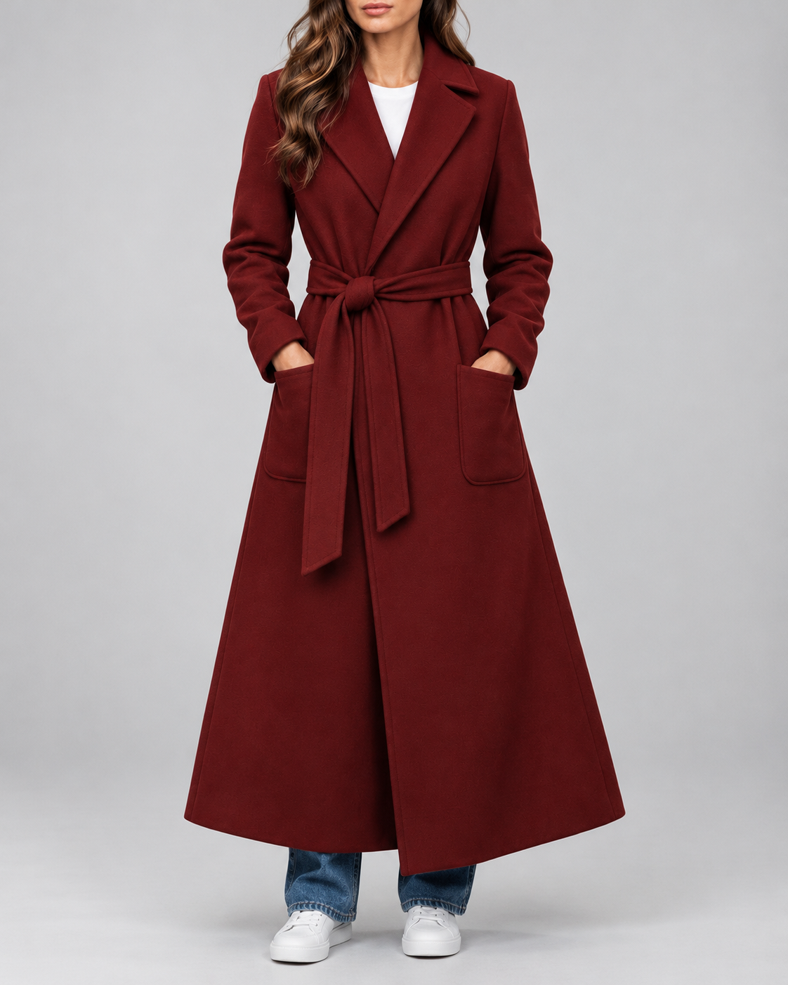 Women's Maxi Belted Coat with Notch Lapels and Patch Pockets in Burgundy – Front View