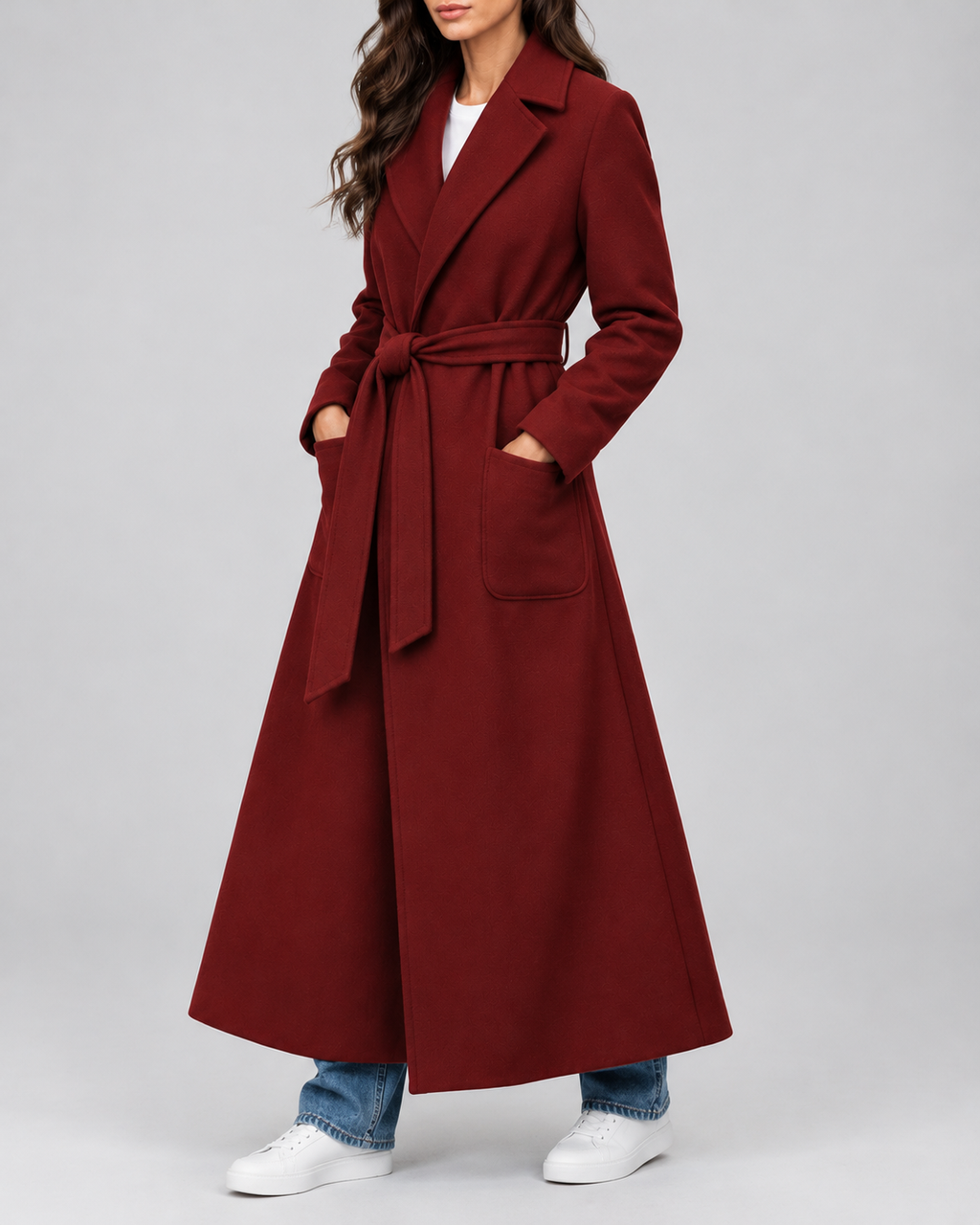 Women's Maxi Belted Coat with Notch Lapels and Patch Pockets in Burgundy – Three-Quarter View