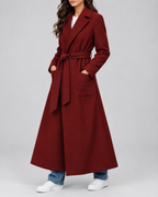 Women's Maxi Belted Coat with Notch Lapels and Patch Pockets in Burgundy – Three-Quarter View