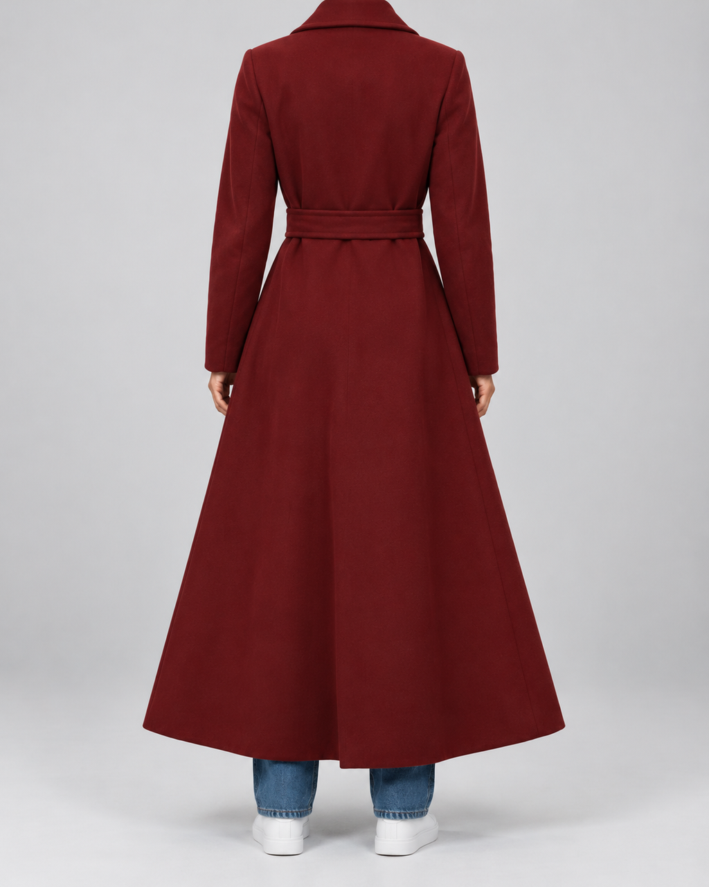 Women's Maxi Belted Coat with Notch Lapels and Patch Pockets in Burgundy – Back View