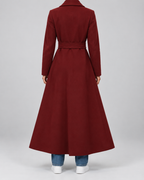Women's Maxi Belted Coat with Notch Lapels and Patch Pockets in Burgundy – Back View