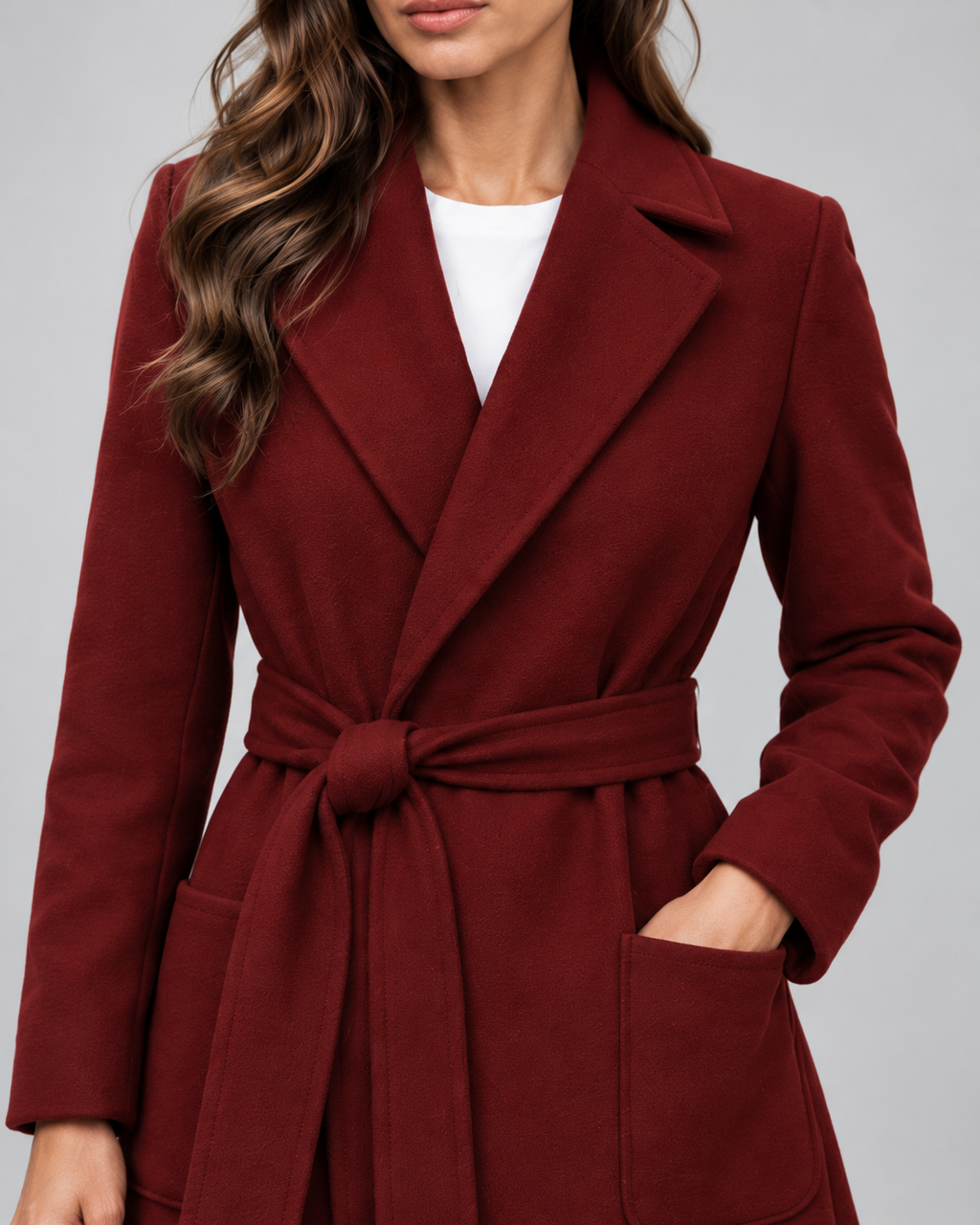 Women's Maxi Belted Coat with Notch Lapels and Patch Pockets in Burgundy – Detail