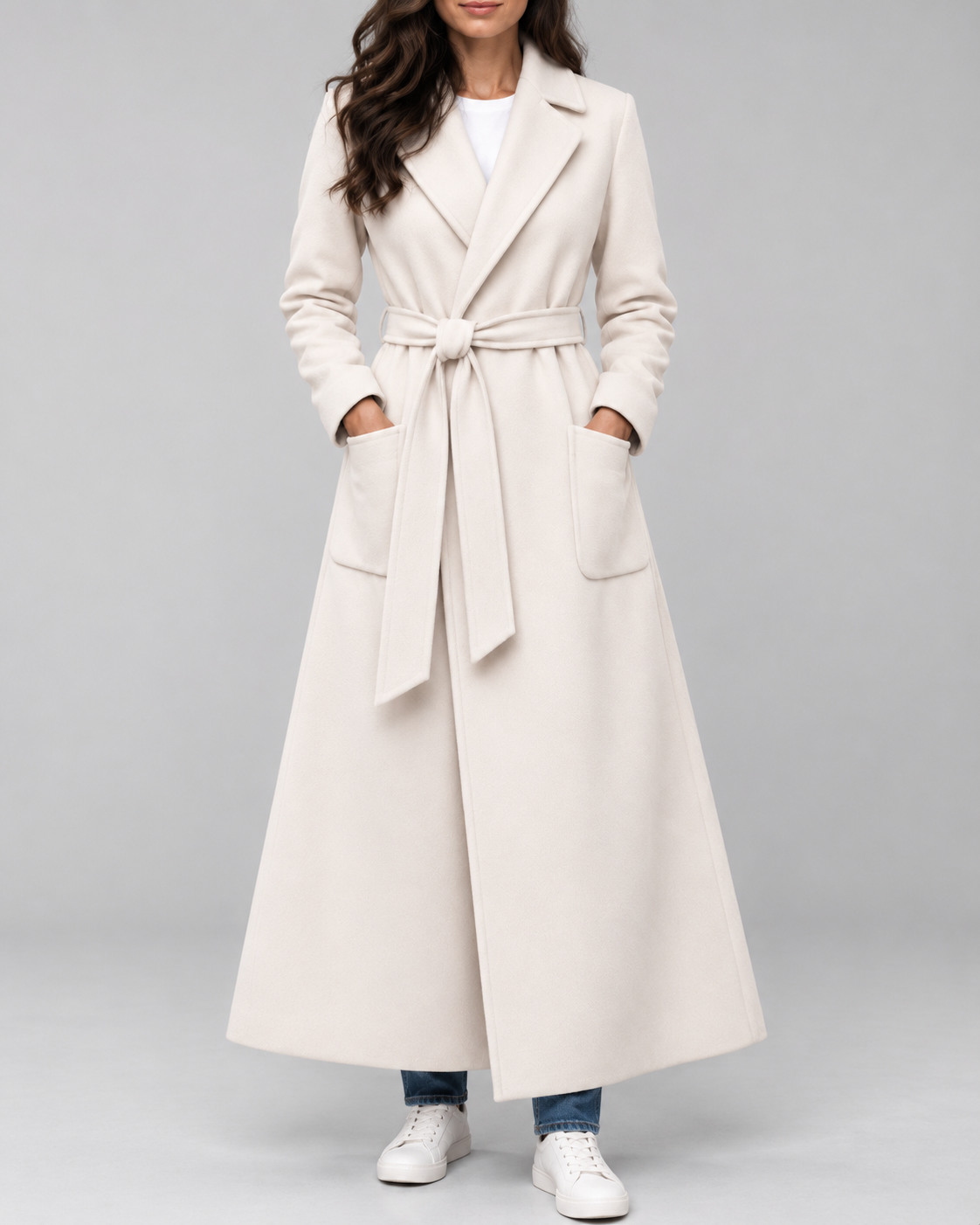 Women's Maxi Belted Coat with Notch Lapels and Patch Pockets in Off White – Front View