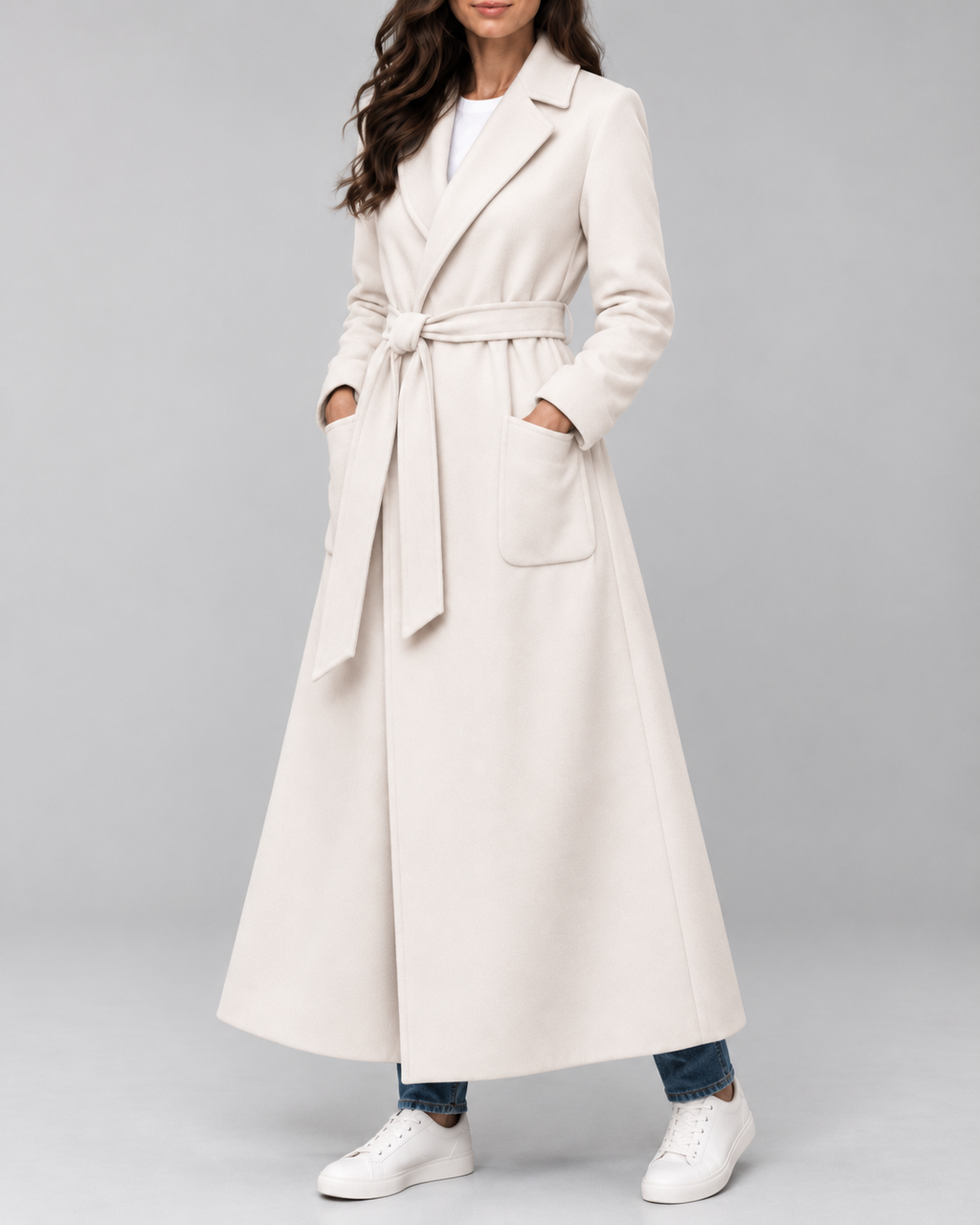 Women's Maxi Belted Coat with Notch Lapels and Patch Pockets in Off White – Three-Quarter View