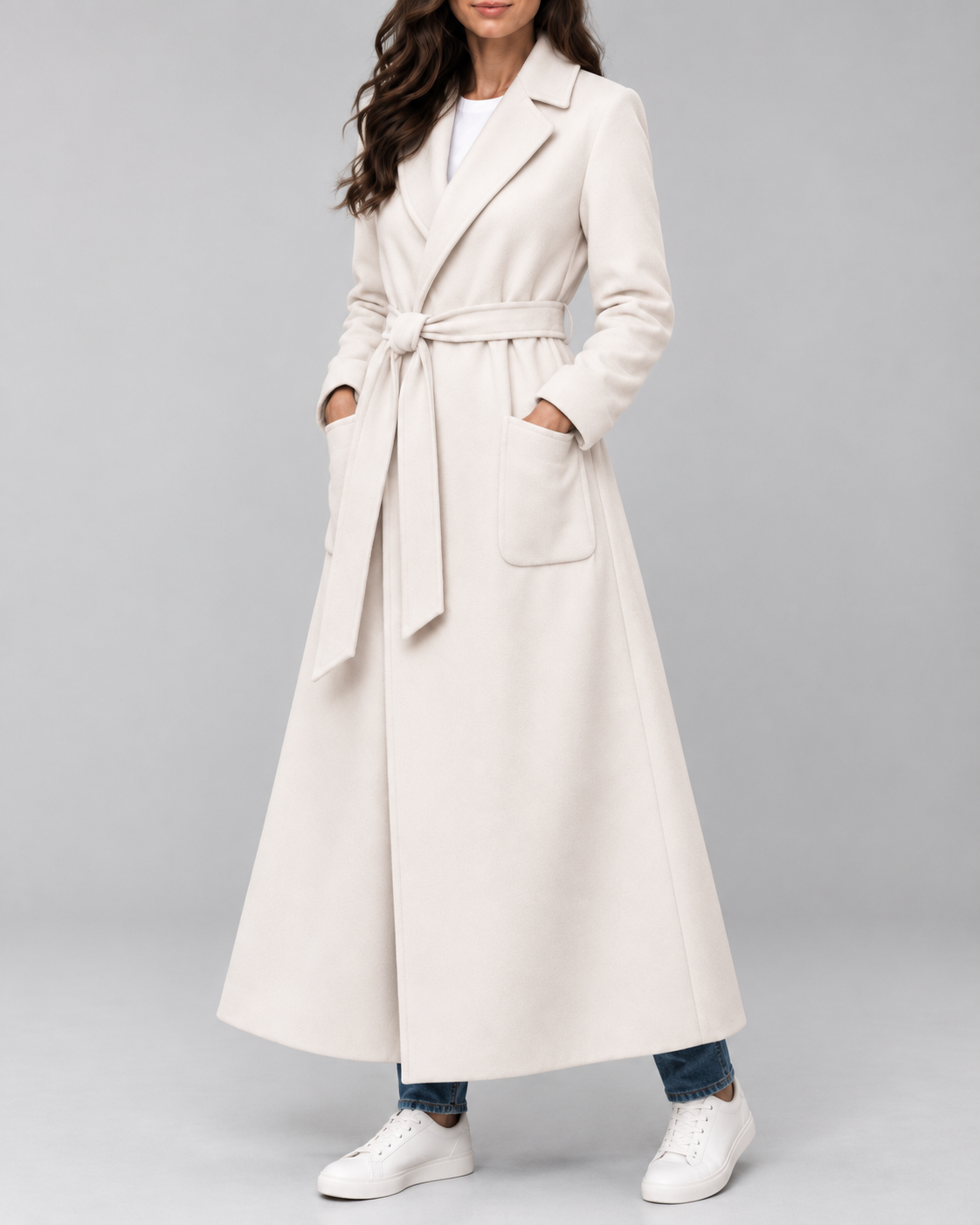 Women's Maxi Belted Coat with Notch Lapels and Patch Pockets in Off White – Three-Quarter View
