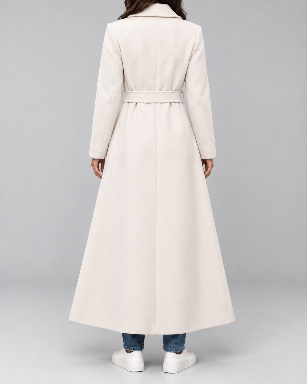 Women's Maxi Belted Coat with Notch Lapels and Patch Pockets in Off White – Back View