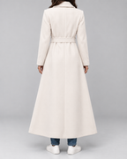 Women's Maxi Belted Coat with Notch Lapels and Patch Pockets in Off White – Back View