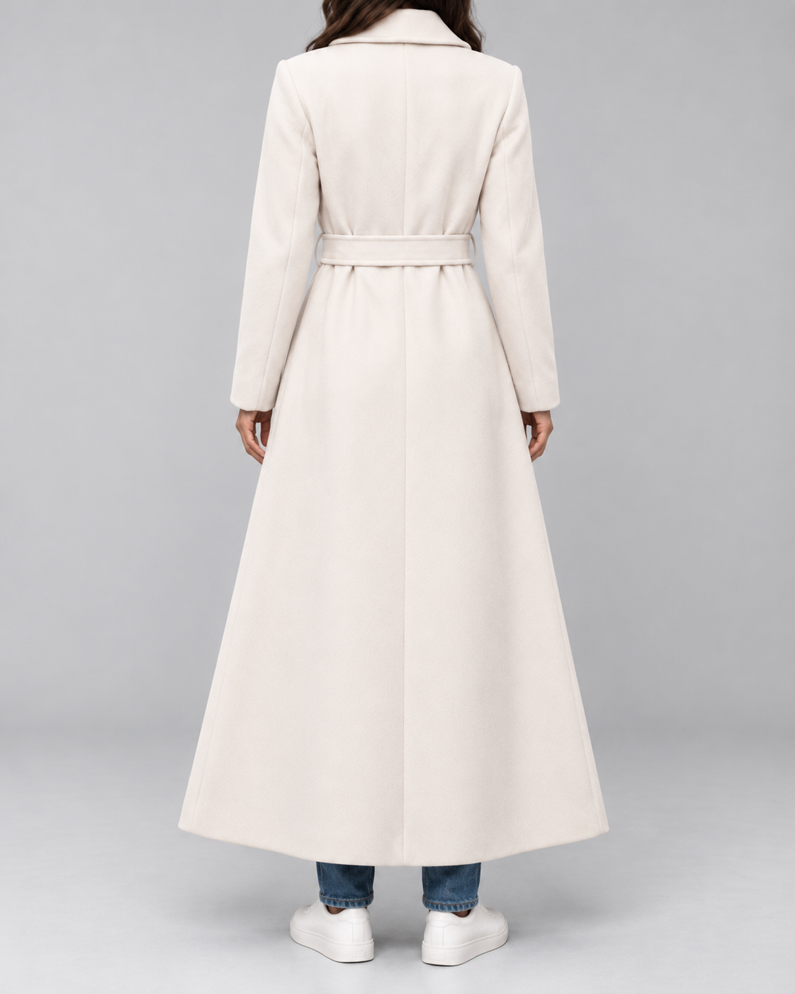 Women's Maxi Belted Coat with Notch Lapels and Patch Pockets in Off White – Back View
