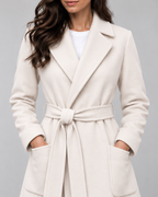 Women's Maxi Belted Coat with Notch Lapels and Patch Pockets in Off White – Detail