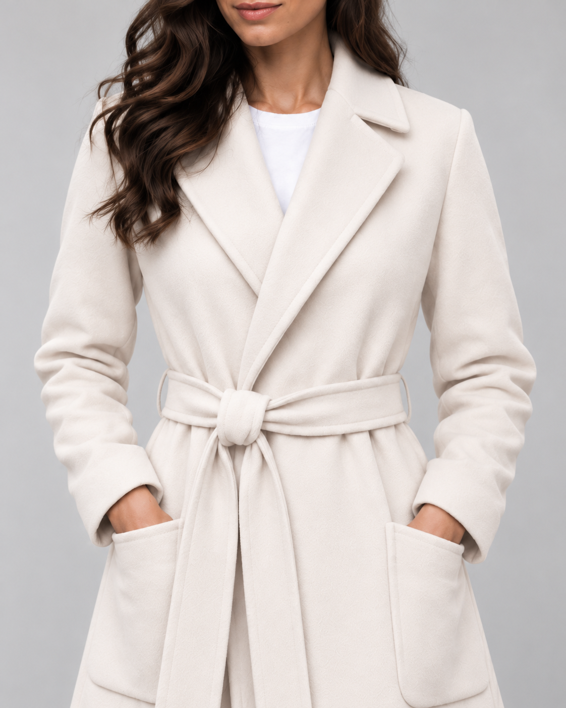 Women's Maxi Belted Coat with Notch Lapels and Patch Pockets in Off White – Detail
