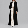 Women's Maxi Length Double Breasted Wool Blend Coat with Notch Lapels in Black – Front View