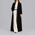 Women's Maxi Length Double Breasted Wool Blend Coat with Notch Lapels in Black – Front View