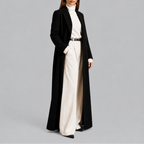 Women's Maxi Length Double Breasted Wool Blend Coat with Notch Lapels in Black – Side View