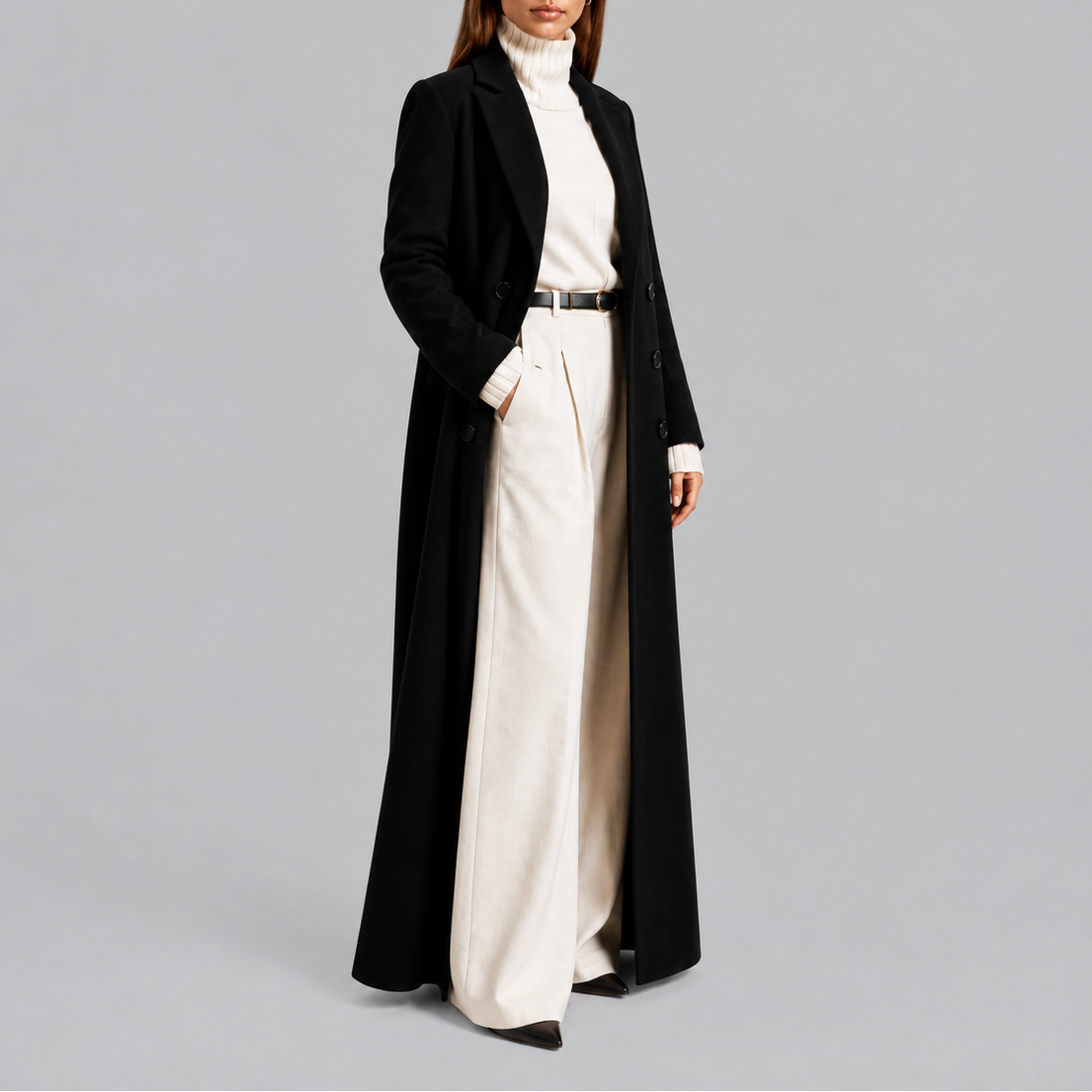 Women's Maxi Length Double Breasted Wool Blend Coat with Notch Lapels in Black – Side View