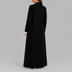Women's Maxi Length Double Breasted Wool Blend Coat with Notch Lapels in Black – Back View