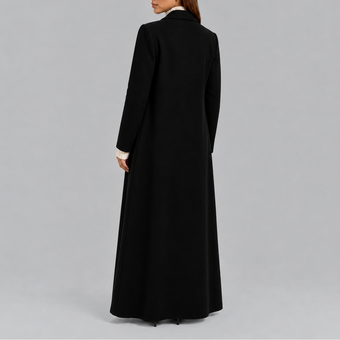 Women's Maxi Length Double Breasted Wool Blend Coat with Notch Lapels in Black – Back View
