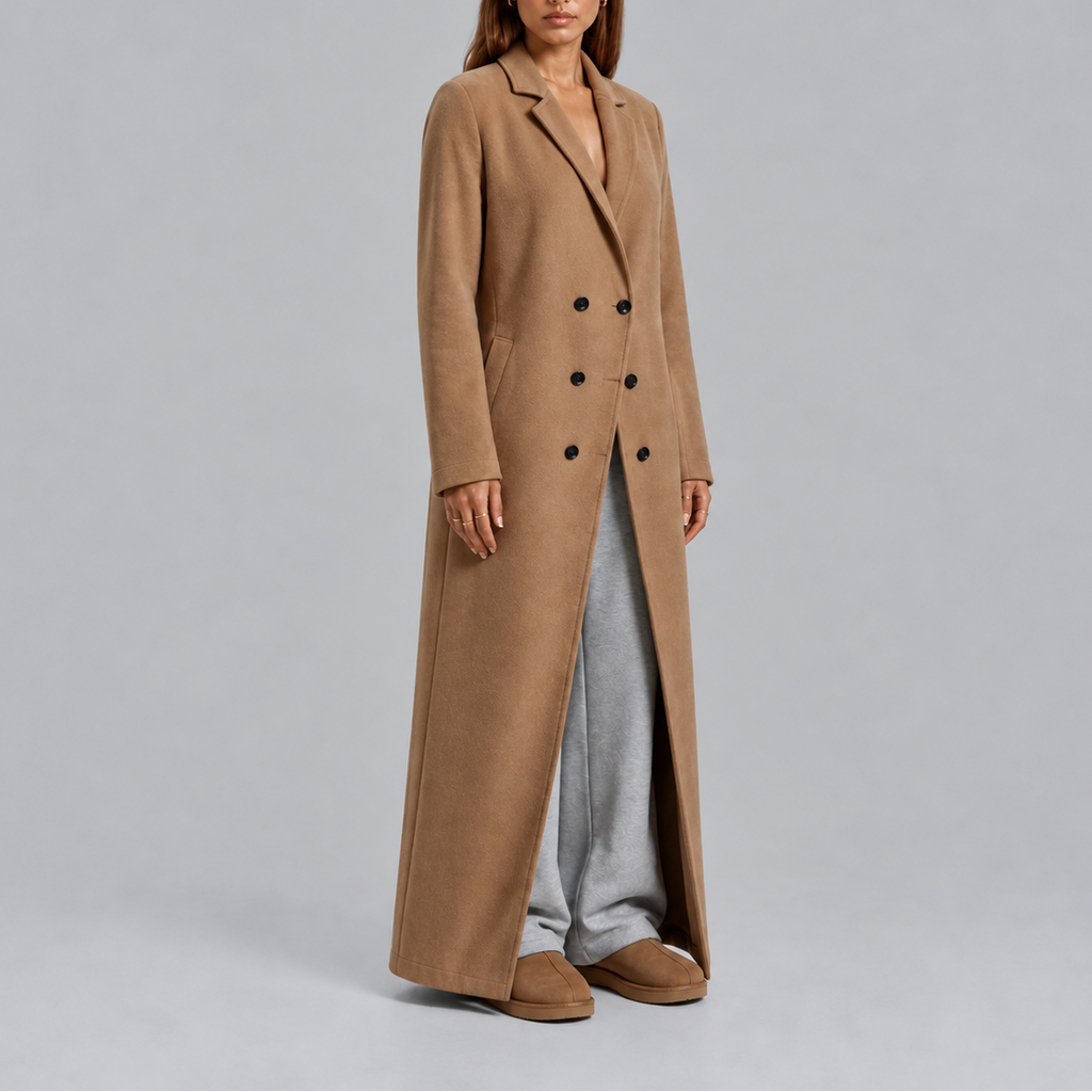 Women's Maxi Length Double Breasted Wool Blend Coat with Notch Lapels in Camel – Front View
