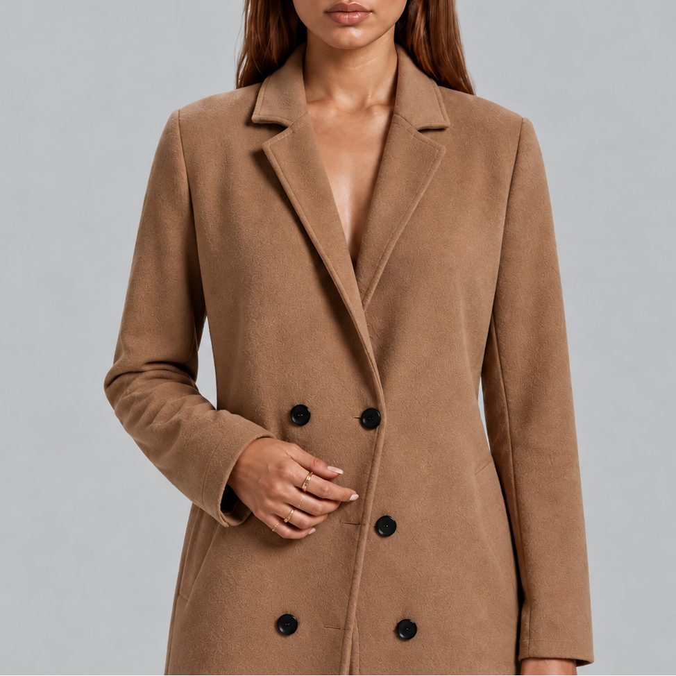 Women's Maxi Length Double Breasted Wool Blend Coat with Notch Lapels in Camel – Detail View