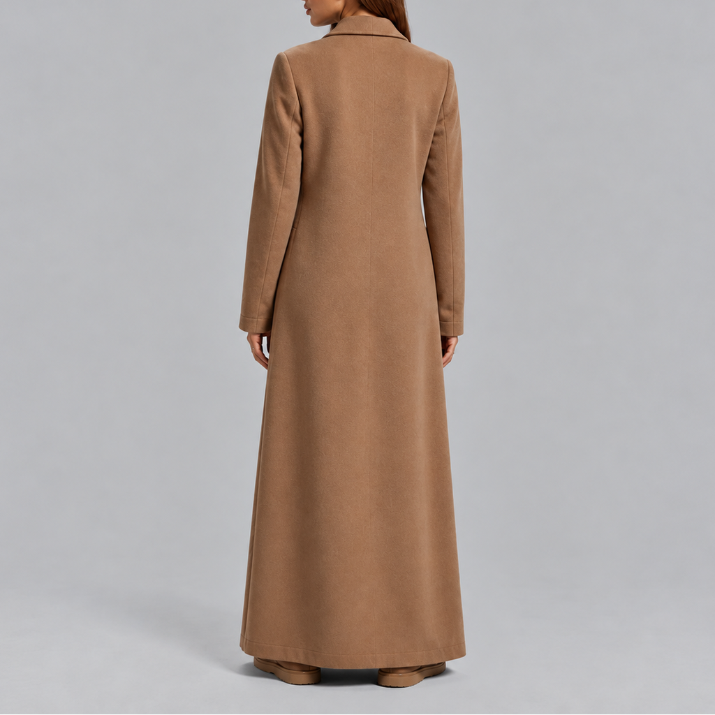 Women's Maxi Length Double Breasted Wool Blend Coat with Notch Lapels in Camel – Back View