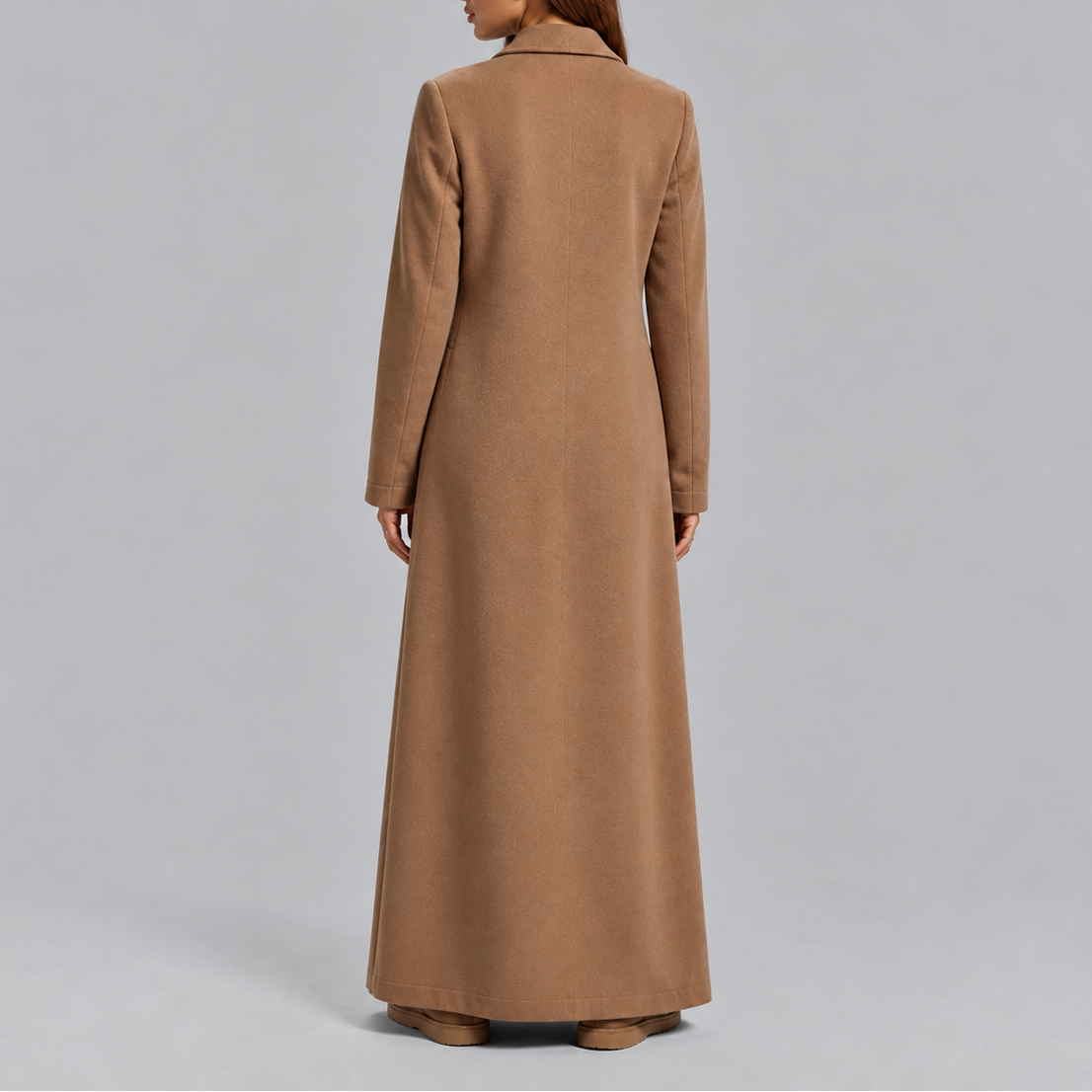 Women's Maxi Length Double Breasted Wool Blend Coat with Notch Lapels in Camel – Back View