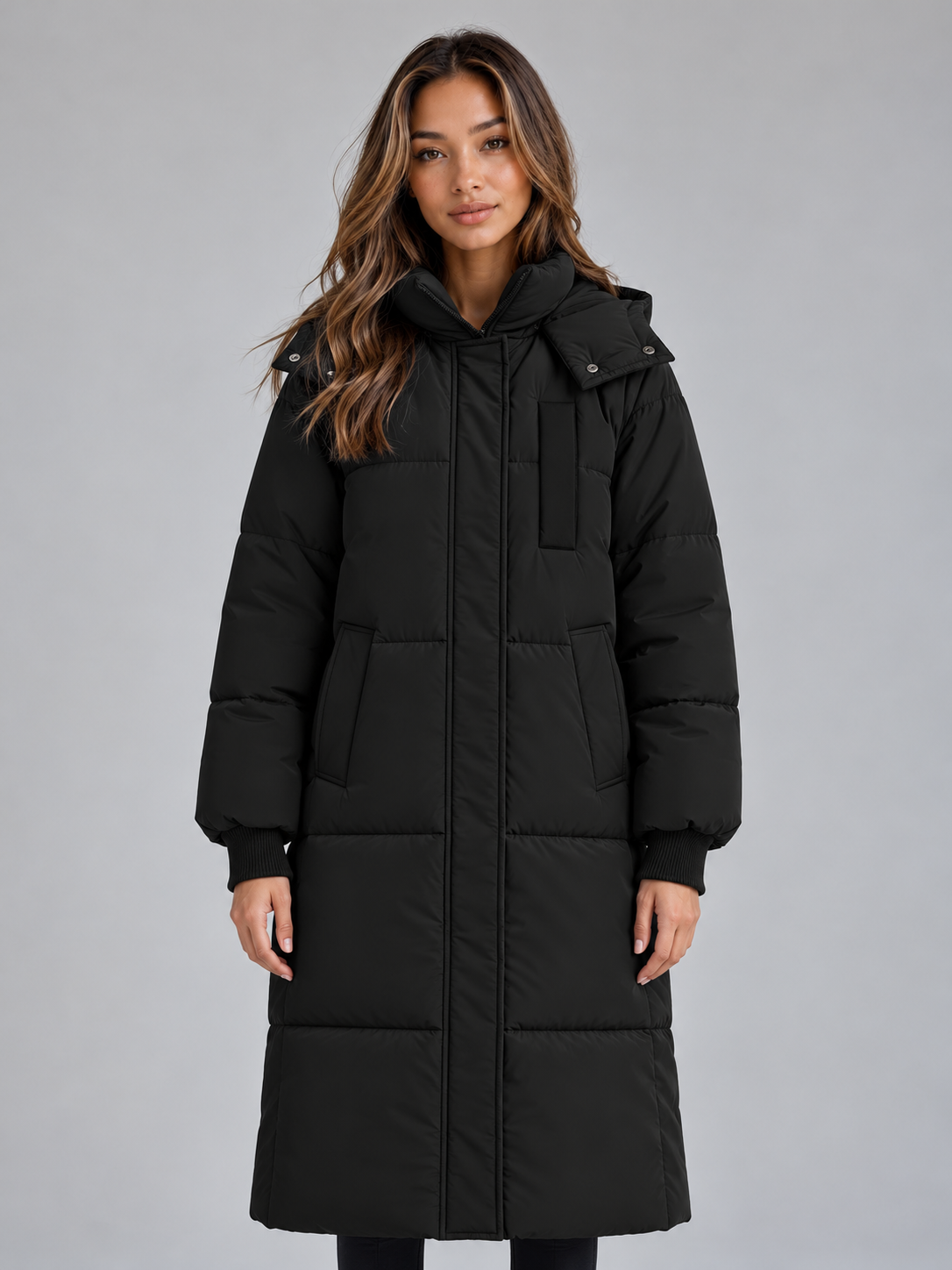 Women's Maxi Length Hooded Puffer Coat with Padded Panels