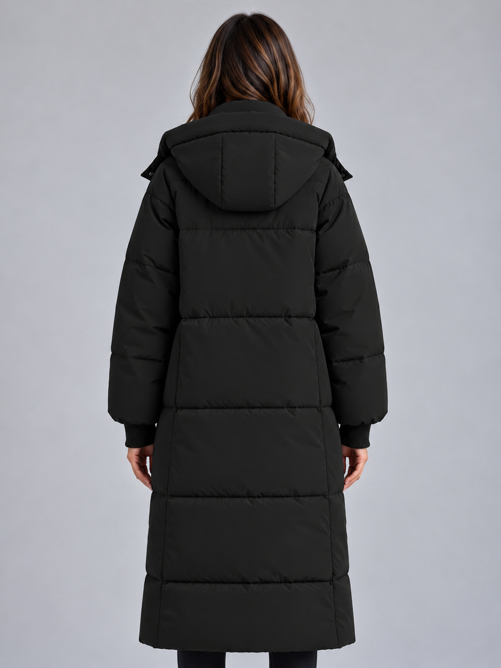 Women's Maxi Length Hooded Puffer Coat with Padded Panels