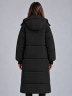 Women's Maxi Length Hooded Puffer Coat with Padded Panels