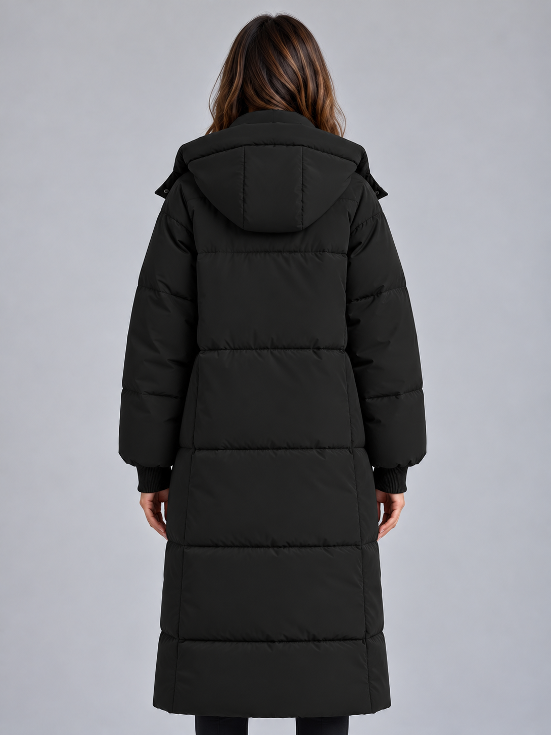 Women's Maxi Length Hooded Puffer Coat with Padded Panels