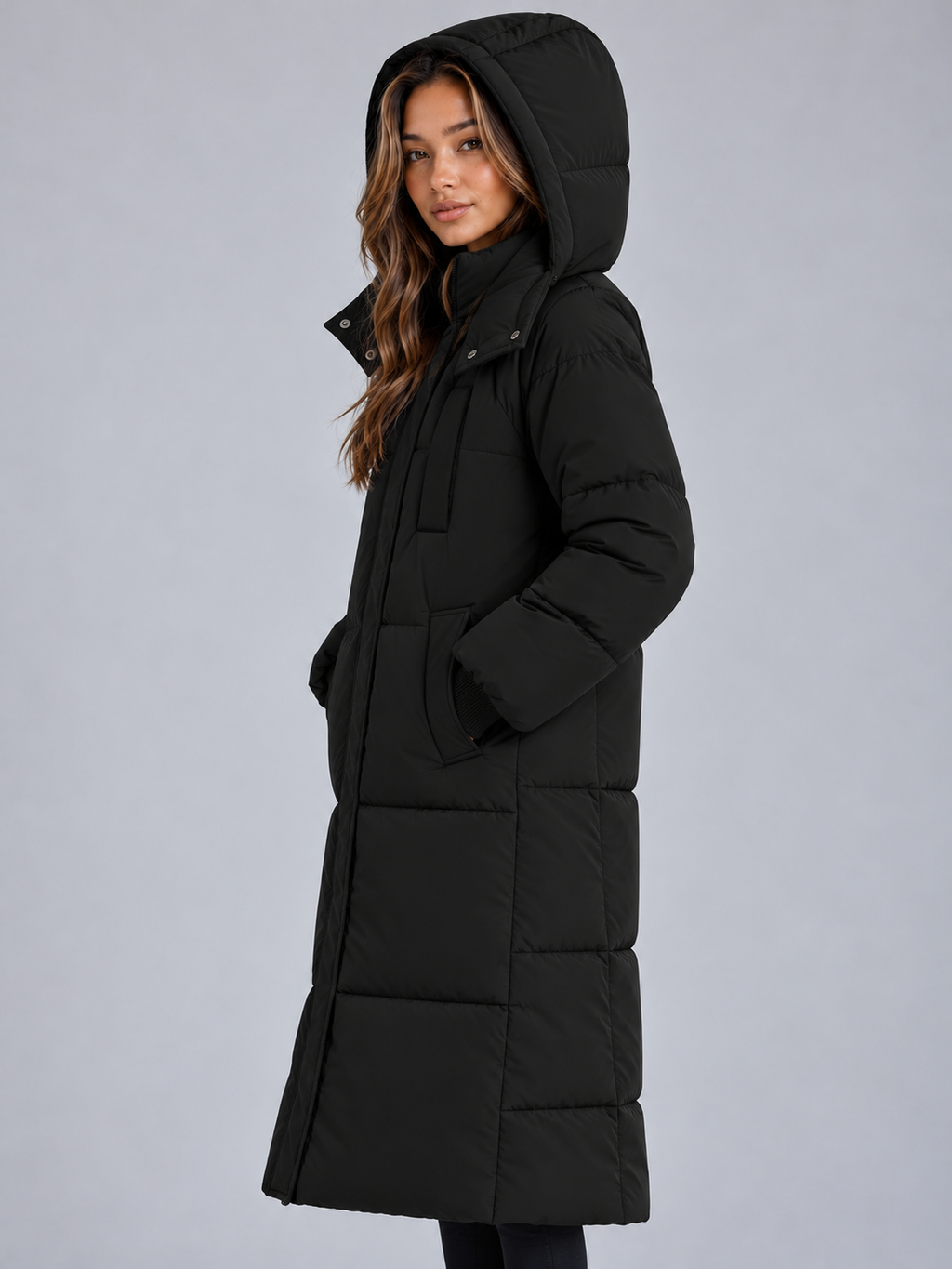Women's Maxi Length Hooded Puffer Coat with Padded Panels