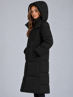 Women's Maxi Length Hooded Puffer Coat with Padded Panels