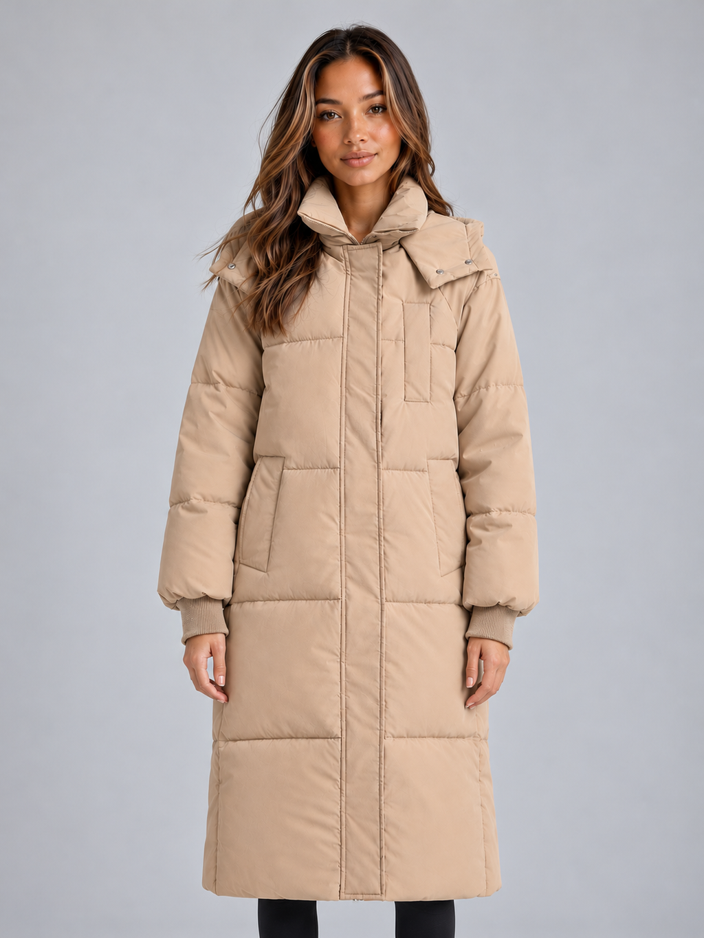 Women's Maxi Length Hooded Puffer Coat with Padded Panels