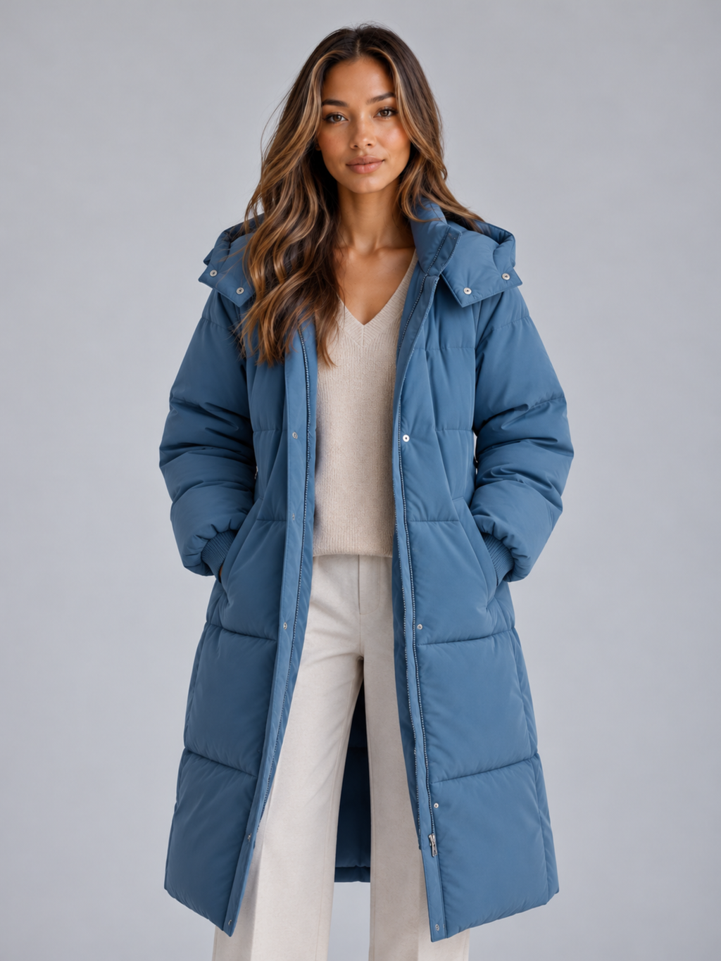Women's Maxi Length Hooded Puffer Coat with Padded Panels