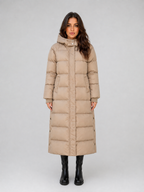 Women's Maxi Length Hooded Puffer Coat with Press Stud Front