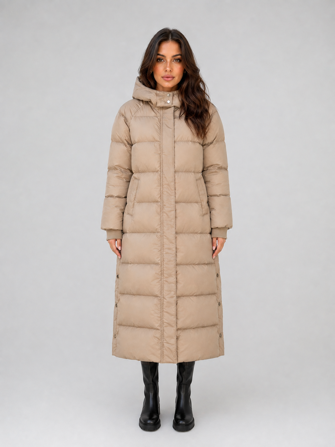 Women's Maxi Length Hooded Puffer Coat with Press Stud Front