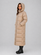 Women's Maxi Length Hooded Puffer Coat with Press Stud Front