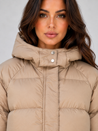 Women's Maxi Length Hooded Puffer Coat with Press Stud Front
