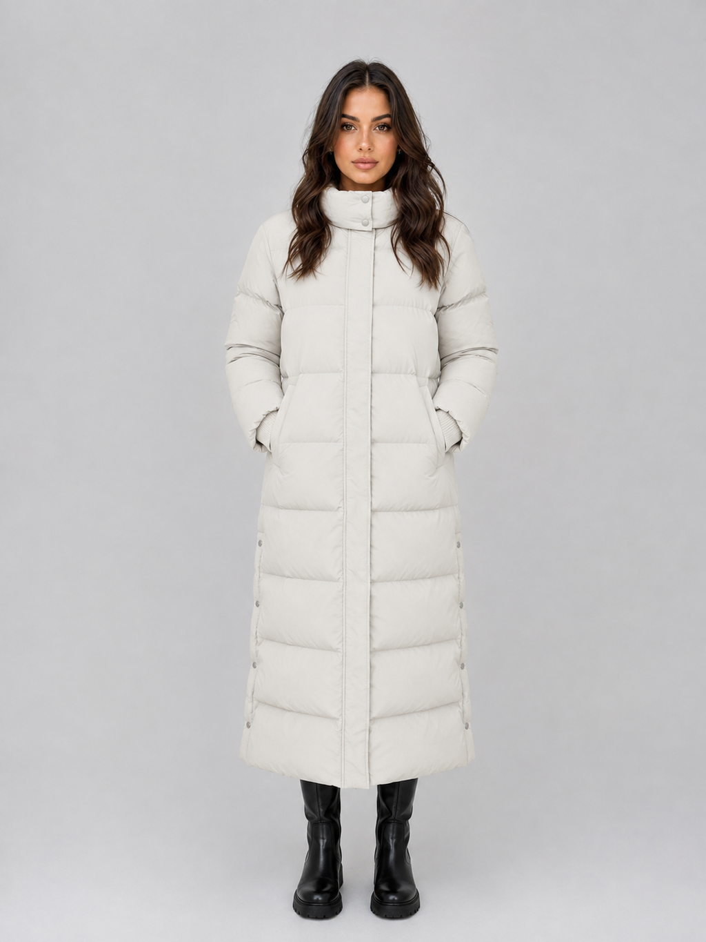 Women's Maxi Length Hooded Puffer Coat with Press Stud Front