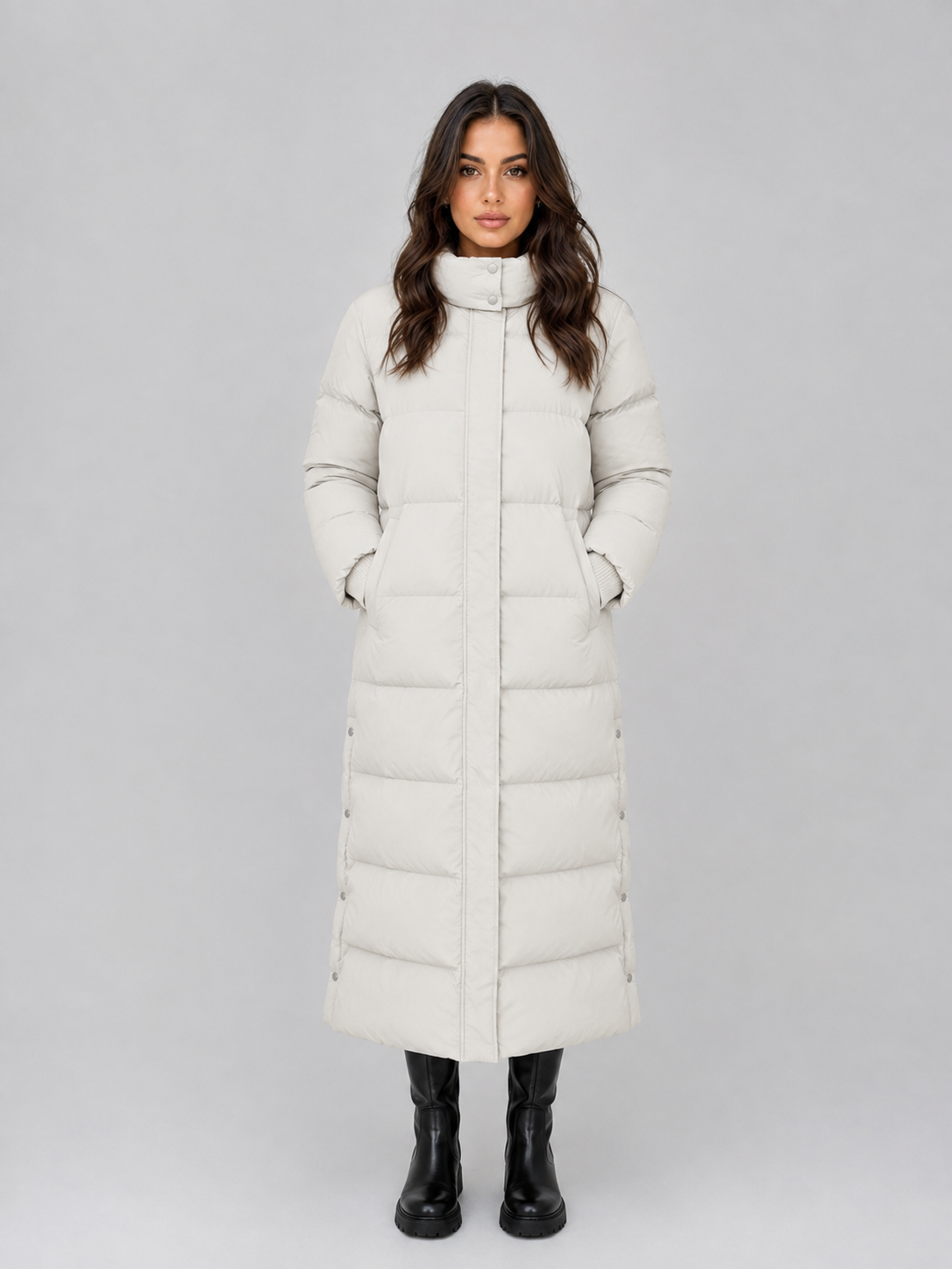 Women's Maxi Length Hooded Puffer Coat with Press Stud Front