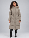 Women's Maxi Length Puffer Coat with Faux Fur Hood and Drawstring Waist