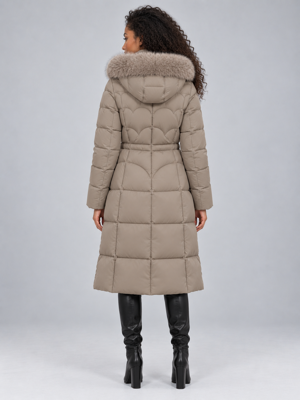 Women's Maxi Length Puffer Coat with Faux Fur Hood and Drawstring Waist