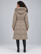Women's Maxi Length Puffer Coat with Faux Fur Hood and Drawstring Waist