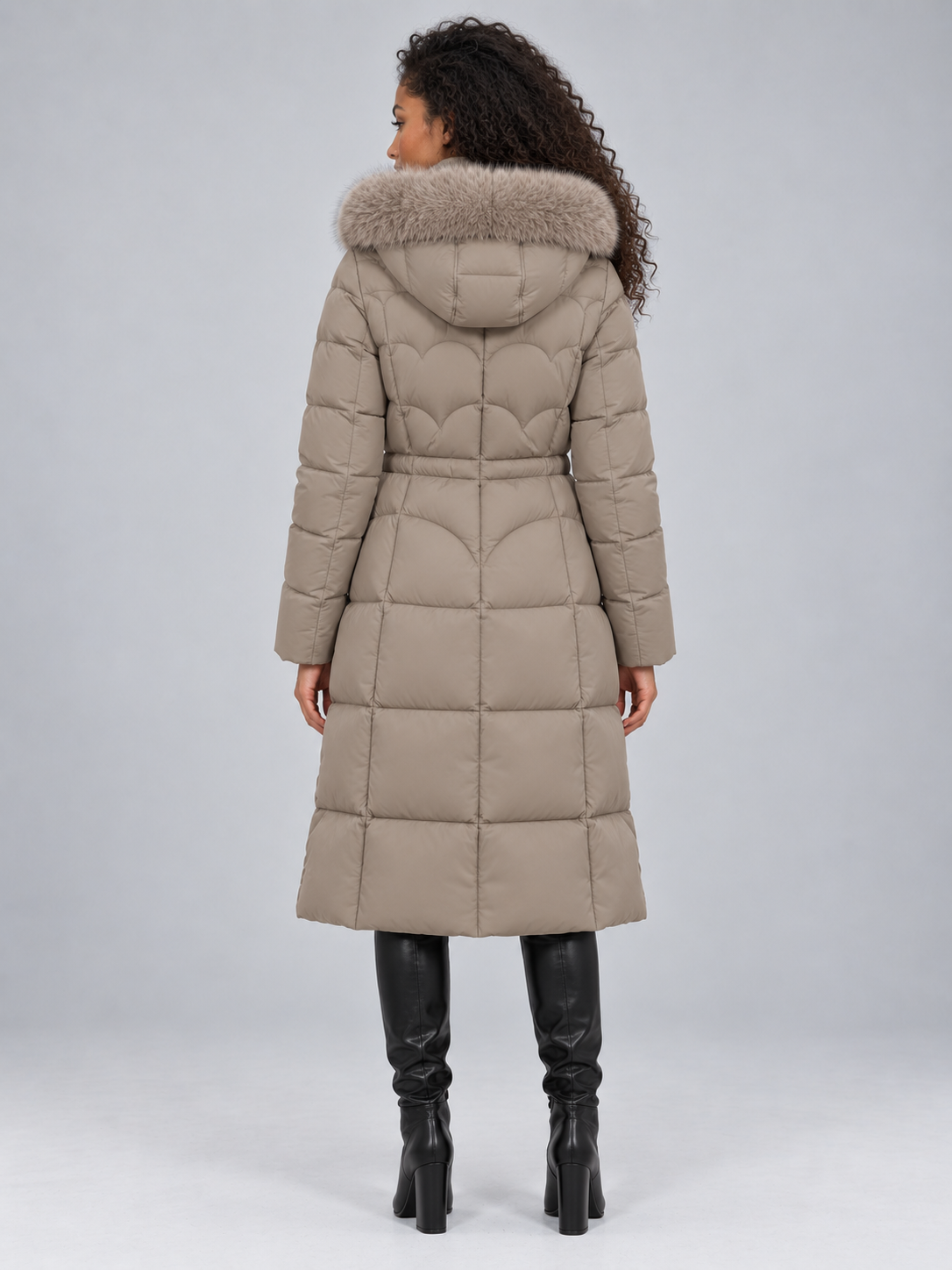 Women's Maxi Length Puffer Coat with Faux Fur Hood and Drawstring Waist