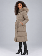 Women's Maxi Length Puffer Coat with Faux Fur Hood and Drawstring Waist