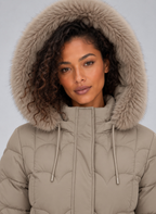 Women's Maxi Length Puffer Coat with Faux Fur Hood and Drawstring Waist