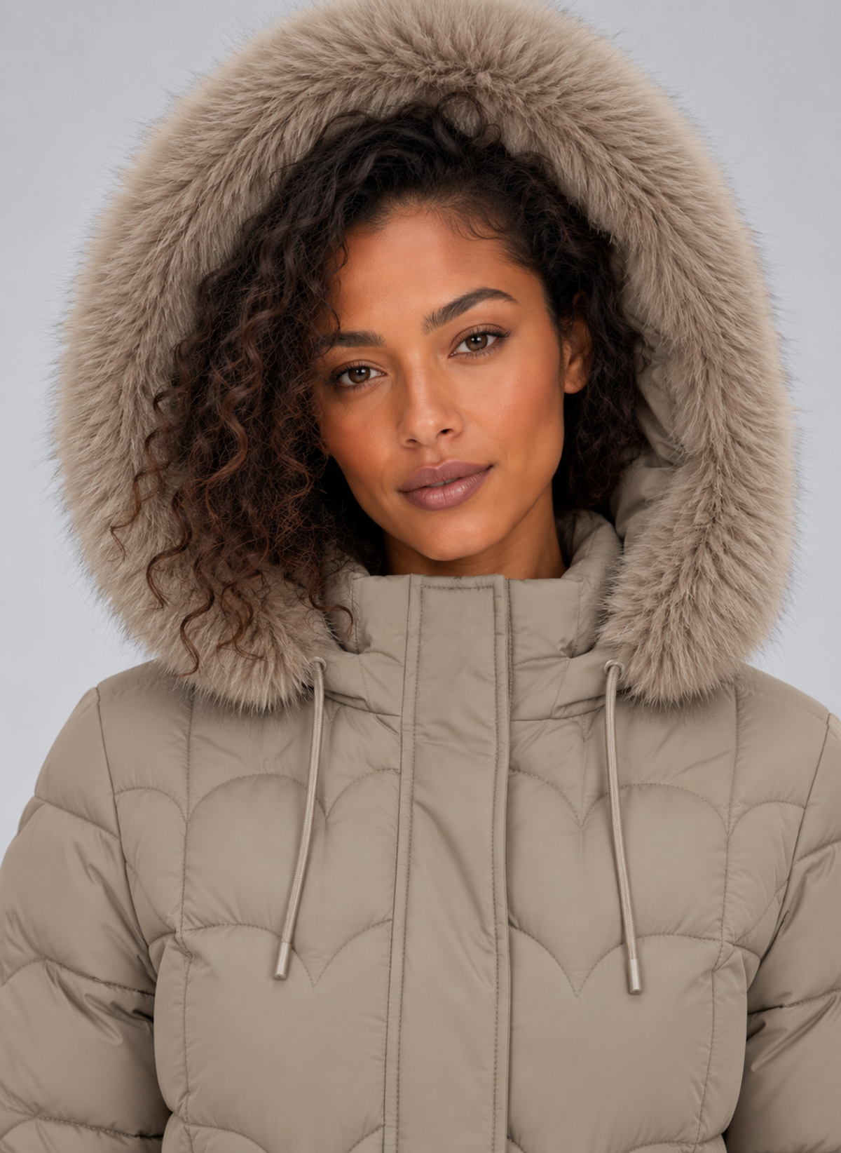 Women's Maxi Length Puffer Coat with Faux Fur Hood and Drawstring Waist
