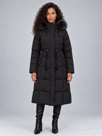 Women's Maxi Length Puffer Coat with Faux Fur Hood and Drawstring Waist