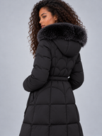 Women's Maxi Length Puffer Coat with Faux Fur Hood and Drawstring Waist