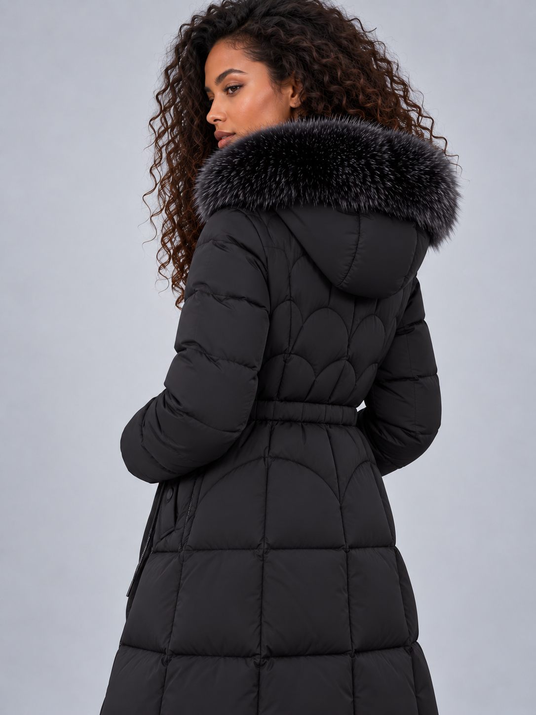 Women's Maxi Length Puffer Coat with Faux Fur Hood and Drawstring Waist