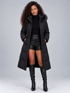 Women's Maxi Length Puffer Coat with Faux Fur Hood and Drawstring Waist