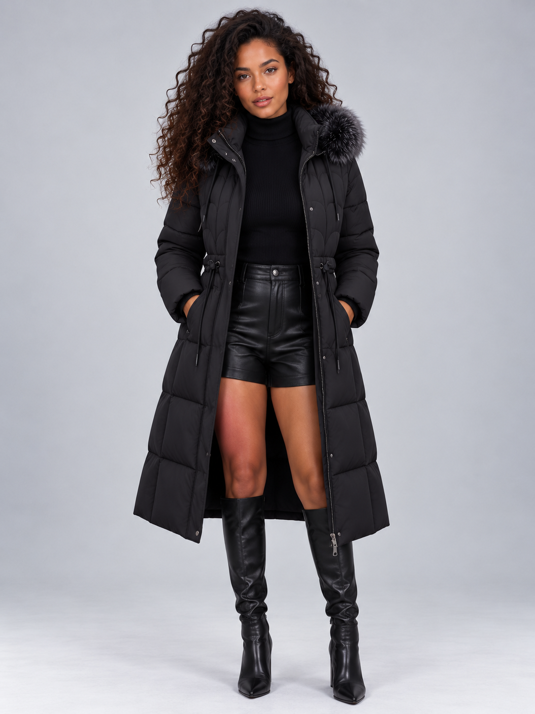 Women's Maxi Length Puffer Coat with Faux Fur Hood and Drawstring Waist
